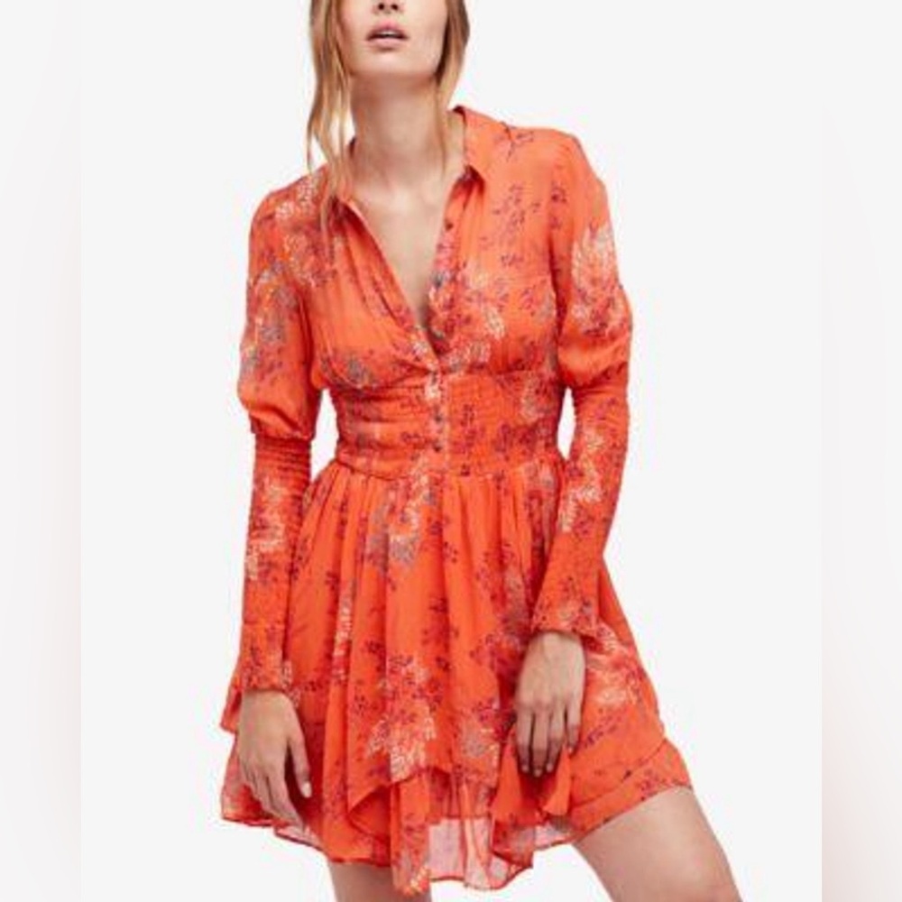 Free People Women's Coral, Pink & Peach Floral Tiered Mini Dress Size Medium